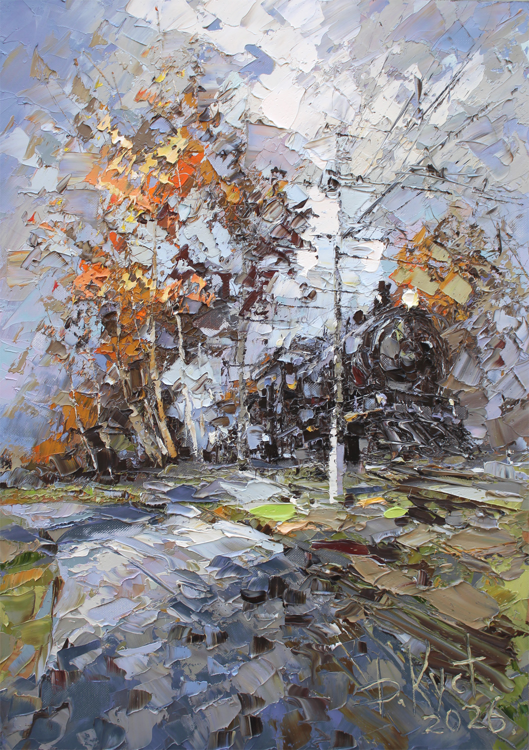 Картина «The Locomotive and Autumn» художника Дмитрия Кустановича